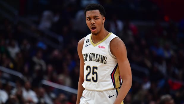 New Orleans Pelicans guard Trey Murphy III (25) reacts after scoring a three point basket against the Los Angeles Clippers during the second half at Crypto.com Arena.